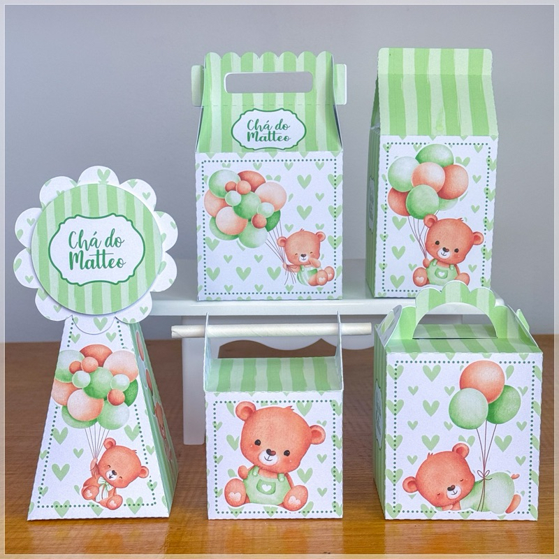 KIT FESTA Ursinho verde cha de bebe Personalizado pegue e Monte Lembrancinhas - Aniversário - Caixinha Personalizadas