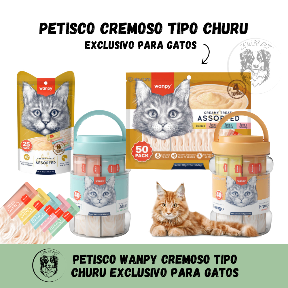 Wanpy Creamy Petisco para Gatos Tipo Churu Cremoso Pacotes 25 40 50 Uni Sabores Sortidos