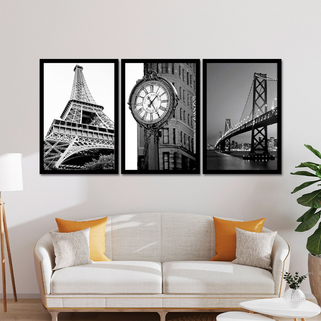 Kit 3 Quadros Decorativos Preto e Branco Fotografia Moderna Relógio London