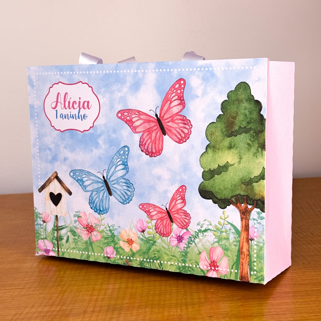 Sacola Jardim das Borboletas Personalizada Pegue e Monte lembrancinhas Aniversário Mêsversário Sacolinha