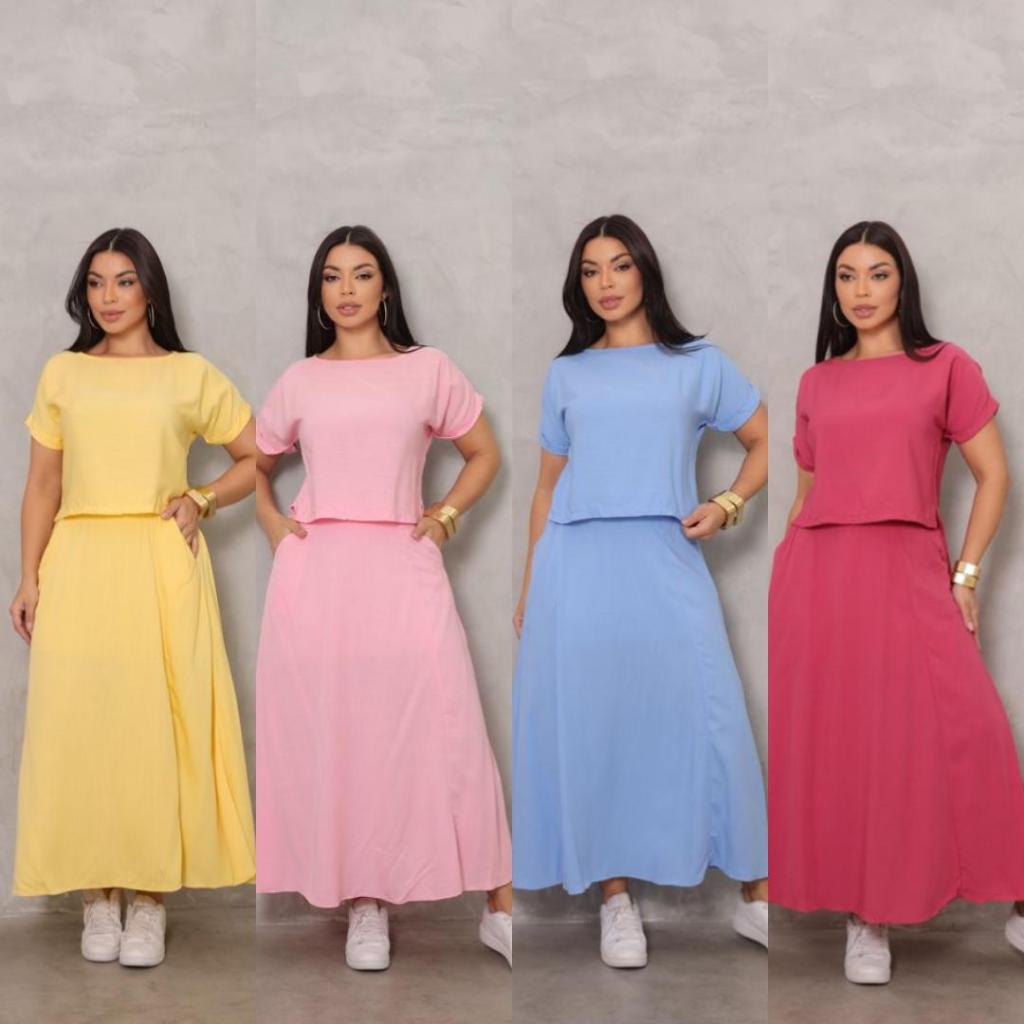 Conjunto Midi Feminino Saia Longa e Blusa com Bolsos – Viscolinho Tamanho Único em Oferta na Shopee
