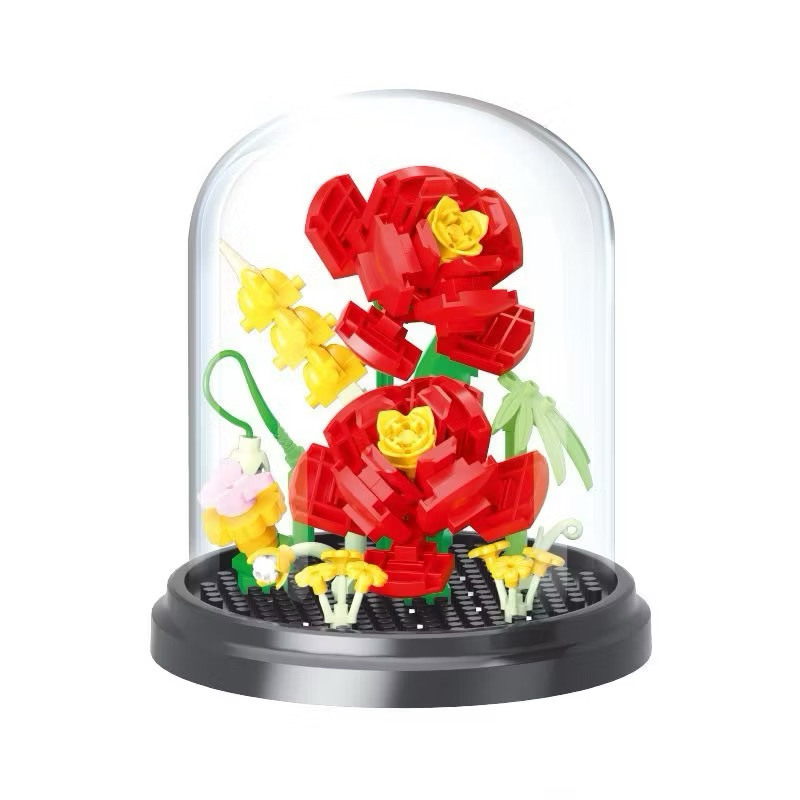 Buquê de Flores Vermelhas de Blocos de Montar – 224 Peças com Cúpula Decorativa 🌹✨