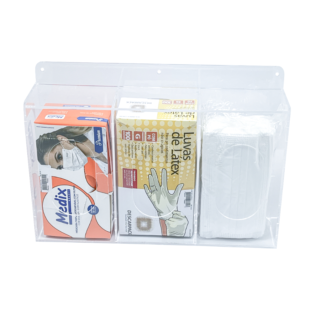 Suporte Epi Triplo P/ Caixa De Toucas Mascara Luvas Em Acrilico Cristal