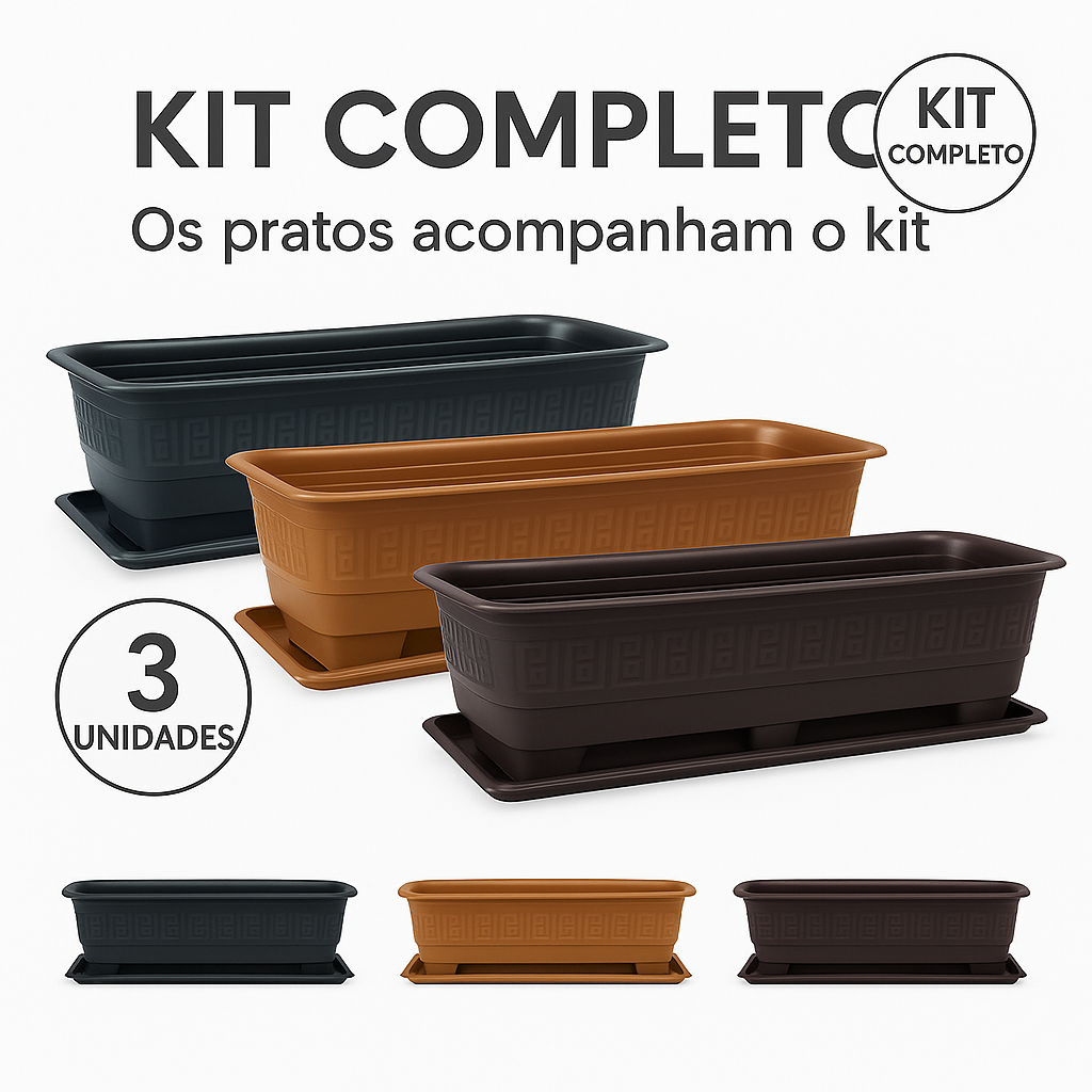 Kit 3 Floreiras Retangulares 6L + Pratos de BRINDE Horta e Jardim Preto/Marrom Café/ Terracota em Oferta na Shopee