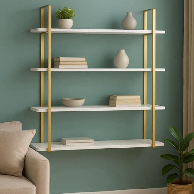 Prateleira arnad estrutura em aço com 4 niveis 100x80x20 cm-dourado/branco modelo industrial nicho