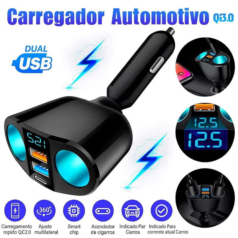 Carregador Veicular 120W  Display Voltagem + 2 Saídas USB/C