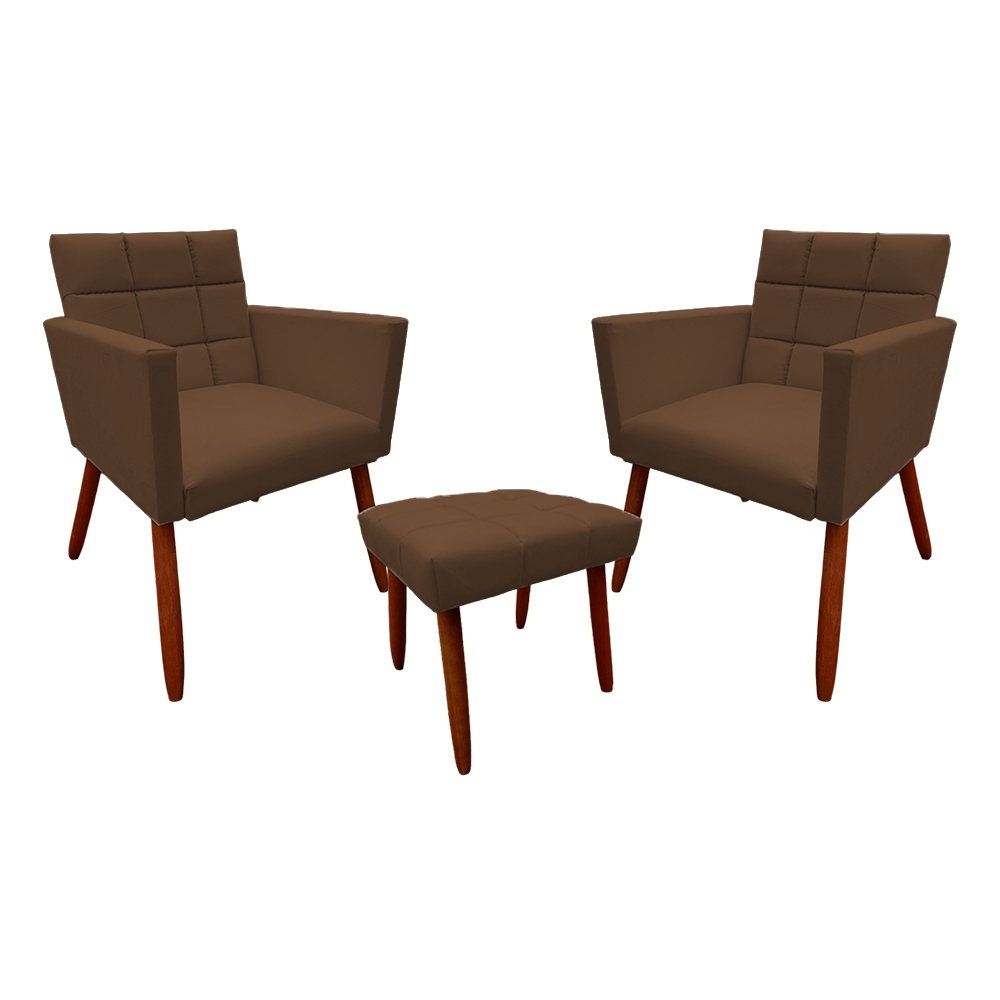 Kit 02 Poltrona Com Puff Natalia Suede Veludo Marrom
