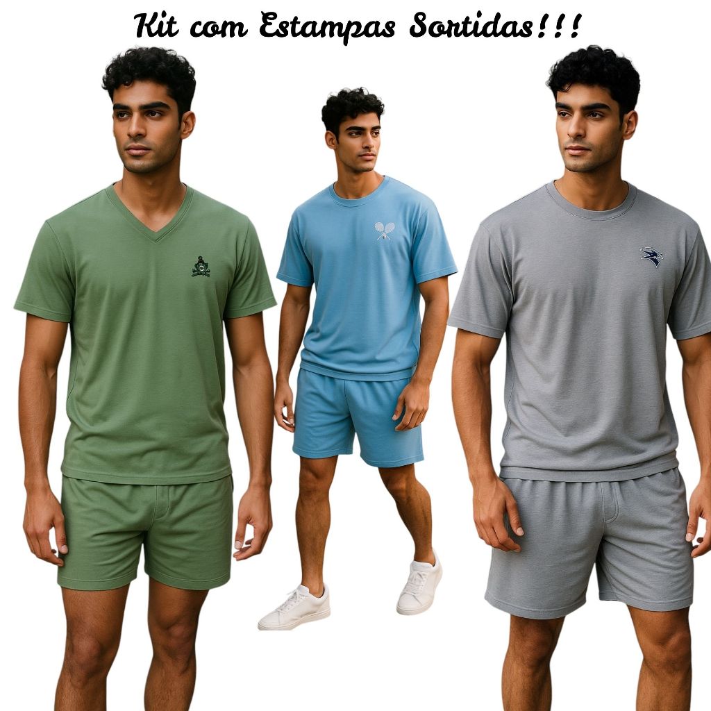 Kit com 3 Pijamas Masculino Meia Manga Adulto em malha cores sortidas modelo Verão