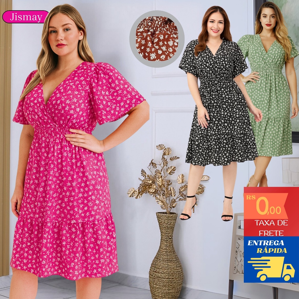 Vestido Mídi Feminino Floral  Manga FlareTendencia  Estampado plus size M GG G2 em Oferta na Shopee
