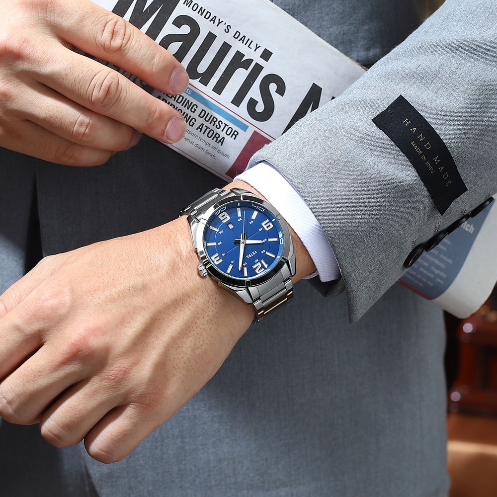 VETRA Relógio Masculino Original Relogio Luxo a Prova d Água Presente para Homem Aço Inoxidável Azul Preto Dourado B390
