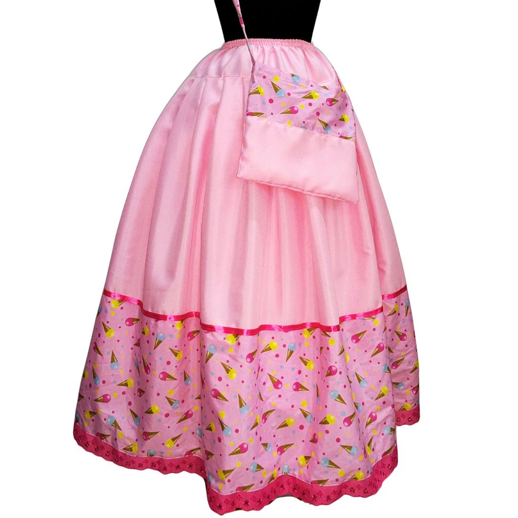 Saia e Bolsinha Erê Ibeji Criança Umbanda Candomblé Decorada Doces Várias Cores Pink Amarela Verde Azul 4M De Roda