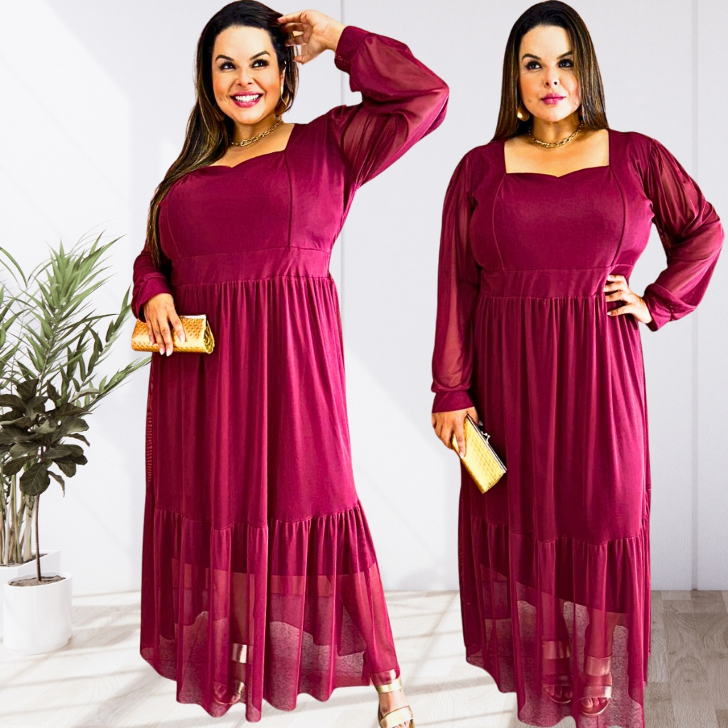 Vestido de Festa Longo Plus Size Casamento Luxo Moda Evangélica Cristã Acinturado Elegante