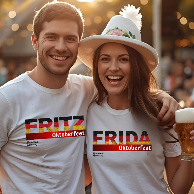 Camiseta Premium Oktoberfest Fritz ou Frida - adulto 100% algodão
