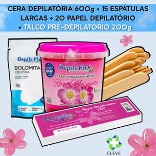 Cera Depilatória Hidrossolúvel 600g Depile Plus + 20 Papel Depilação + 15 Espátula Madeira + Talco Pré Depilatório 200g em Oferta na Shopee
