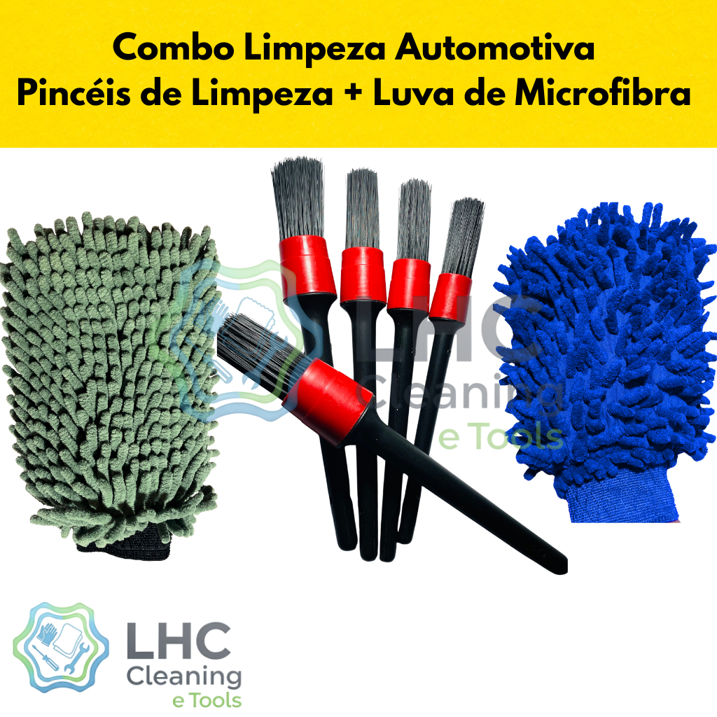 Combo Limpeza Automotiva Pincéis limpeza Automotiva Cinco Tamanhos  + Luva de Lavagem Microfibra