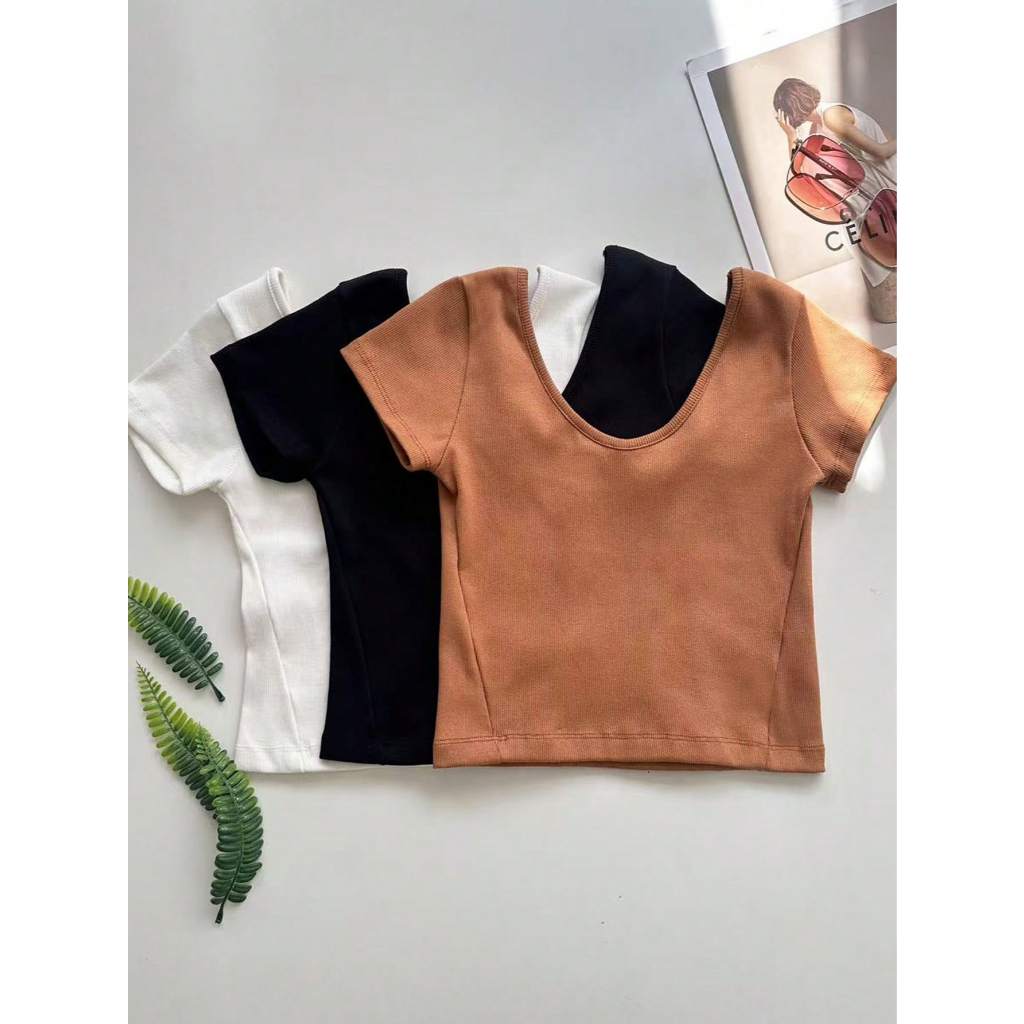 kit 3pcs Cropped Ribana Uso De 2 Lados Gola Quadrada e Redonda Canelado Feminina  Tecido Grosso Tendencia Novidade Prima