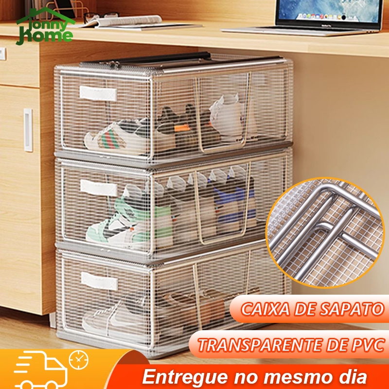 Caixa de sapatos dobrável com zíper, sapateira transparente, empilhável em Oferta na Shopee