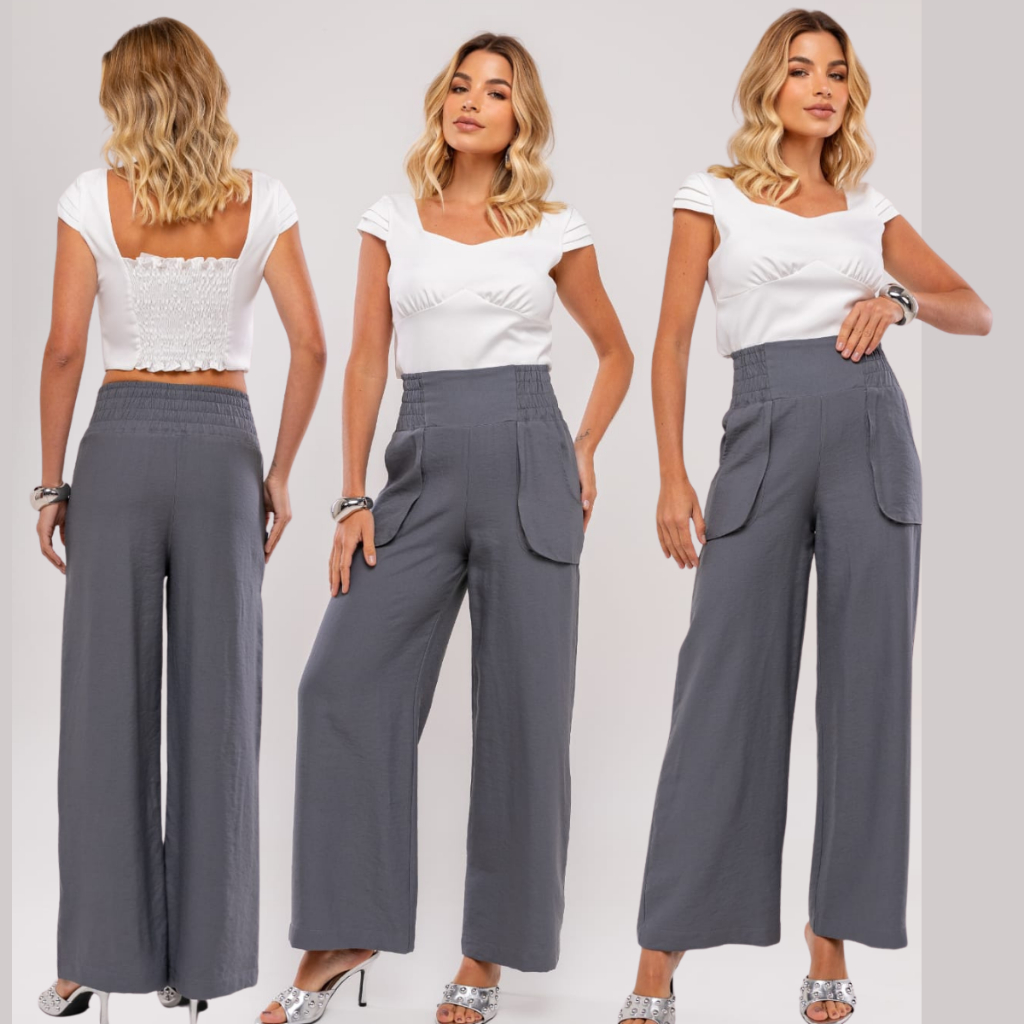 Calça Pantalona Alfaiataria Sensorial Premium Cintura Alta Com Bolso Frontal e Elastico na cintura Moda Social