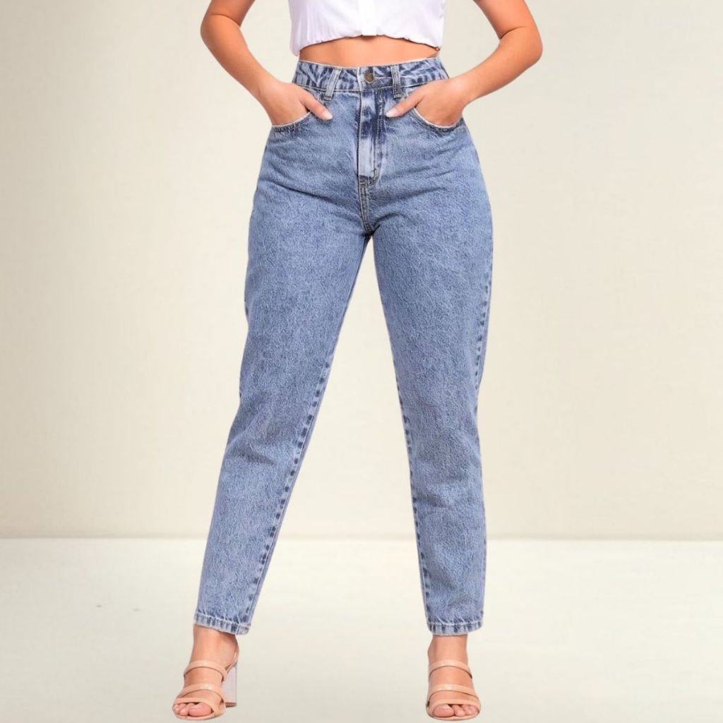 Calça Mom Jeans Cintura Alta Feminina Levanta bumbum 100% Algodão Marmorizada Premium em Oferta na Shopee