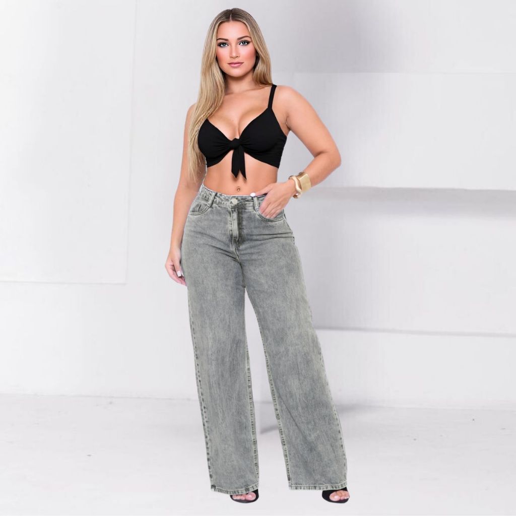 Calça Jeans Feminina Wide Leg Pantalona Larga Cintura Alta Cinza grafite marmorizada Sem Lycra