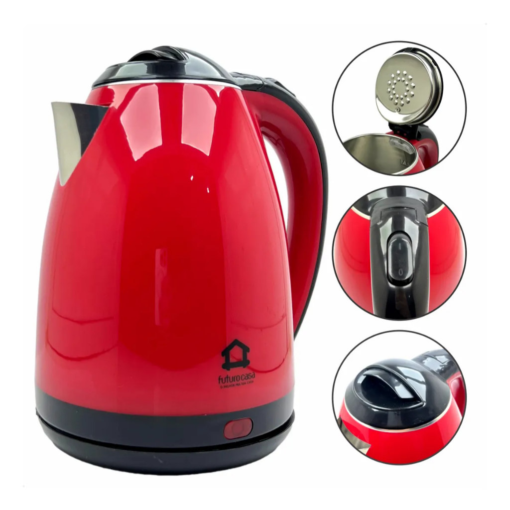 Chaleira Jarra Elétrica Prática Inox Vermelha Preta Plástica 1,8 Litros Premium 1100w 110v/220v