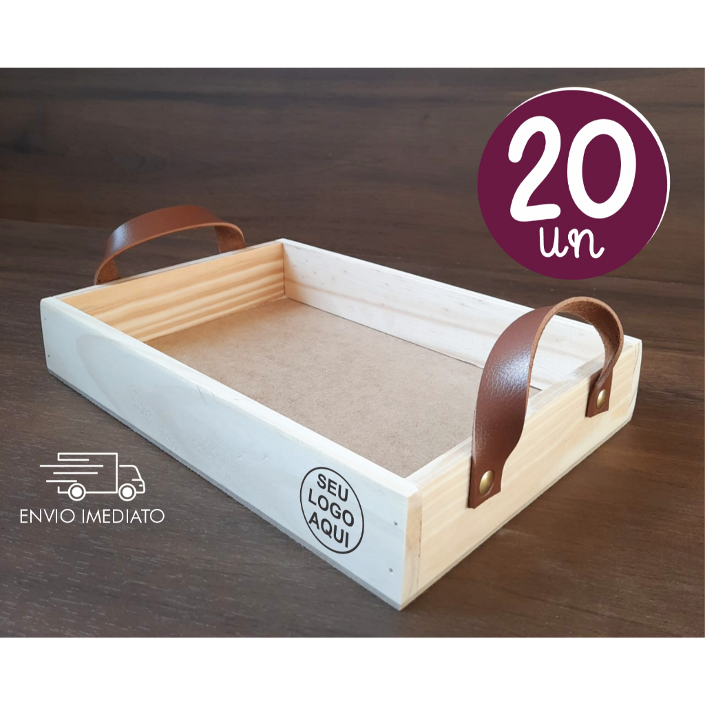 KIT 20un - Bandeja milão 32x22x4,5cm + GRAVAÇÃO - pinus com alça em couro