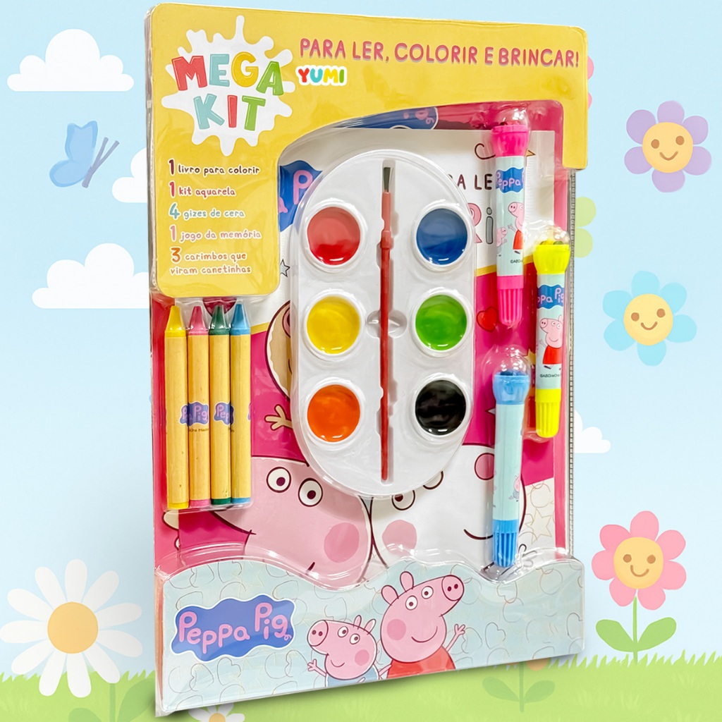 Mega Kit Peppa Pig - Livro Infantil de Colorir + Canetinhas + Carimbos + Giz + Jogo Educativo Oficial
