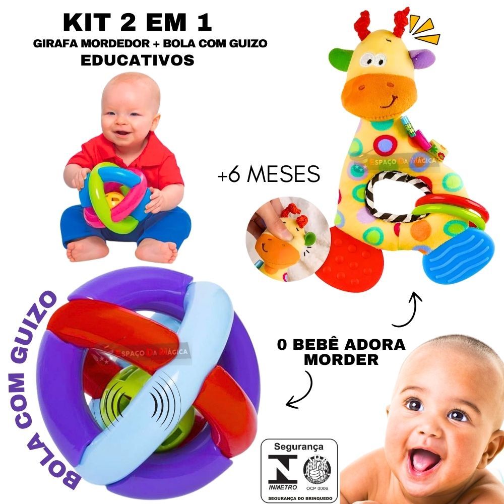Kit Brinquedo Bebê Sensorial Girafinha + Bola Sensorial Chocalho Bebê 5, 6, 7, 8 Meses Menino Menina Presente Primeira