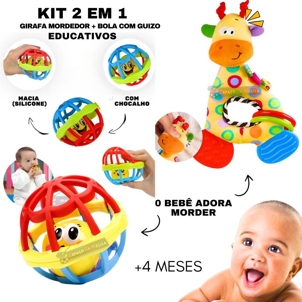 Kit Mordedor Girafa Bebê Naninha + Bola Sensorial Chocalho Para Nenem 5 Meses Unissex Menino Menina Presente Crianças