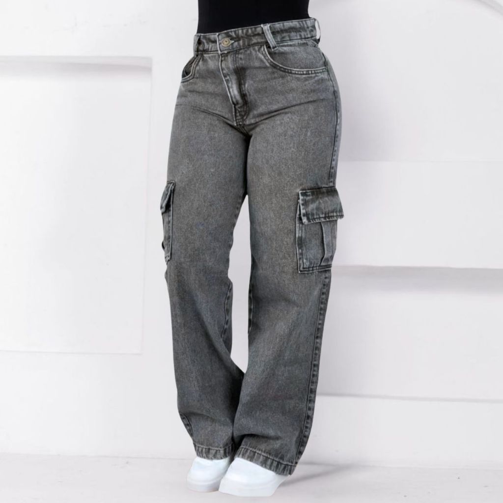 Calça Jeans Feminina Wide Leg Cargo Larga Cintura Alta Cinza Grafite Marmorizada Sem Lycra