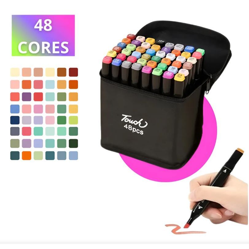 Kit Caneta Colorida Ponta Dupla 48Pçs com Estojo