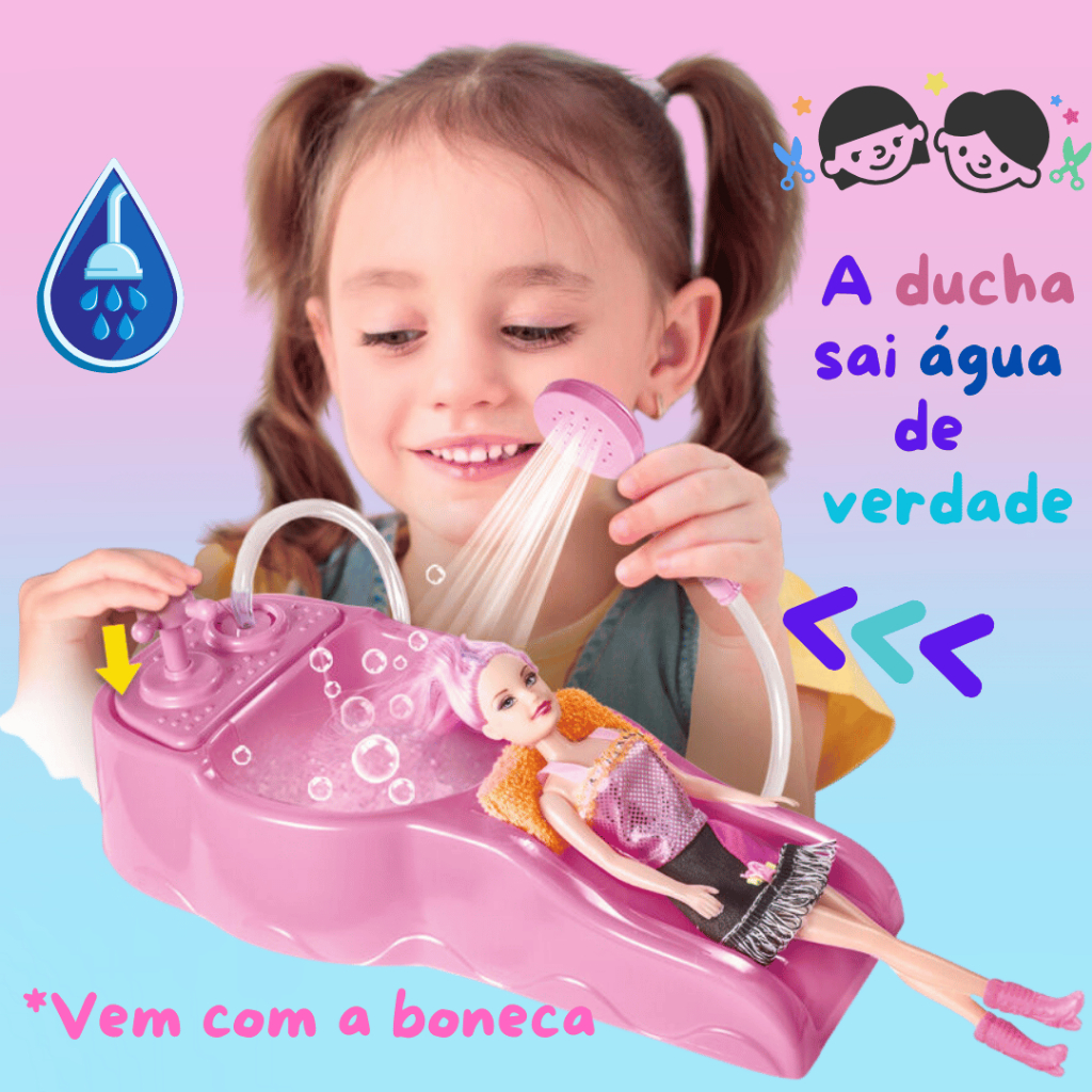 Kit Salão de Beleza c lavatório ducha Água de Verdade Boneca Acessórios Brinquedo Educativo Infantil
