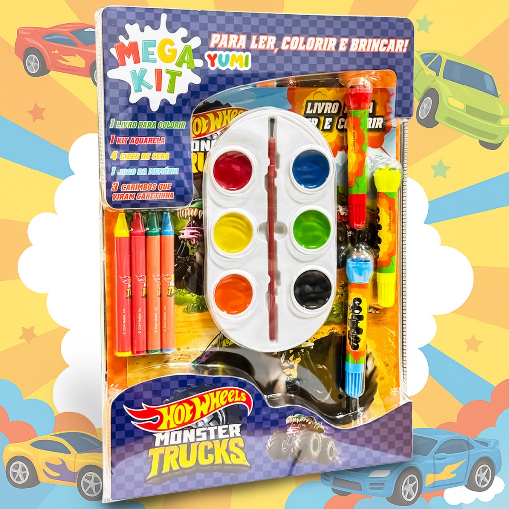 Mega Kit Colorir Hot Wheels - Livro Infantil De Colorir + Canetinhas + Carimbos + Giz + Jogo Educativo Oficial em Oferta na Shopee