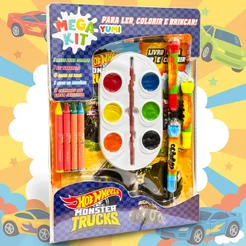 Mega Kit Colorir Hot Wheels - Livro Infantil De Colorir + Canetinhas + Carimbos + Giz + Jogo Educativo Oficial