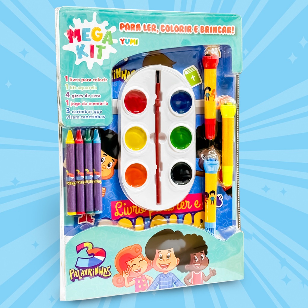 Mega Kit Colorir 3 Palavrinhas - Livro Infantil De Colorir + Canetinhas + Carimbos + Giz + Jogo Educativo Oficial em Oferta na Shopee