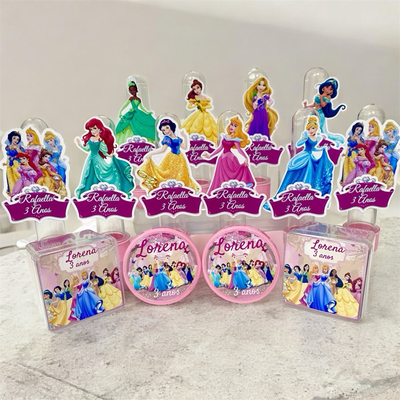 Lembrancinhas Festa Princesas Disney – Kit Personalizado com Nome e idade com Tubetes, Caixinhas e Latinhas