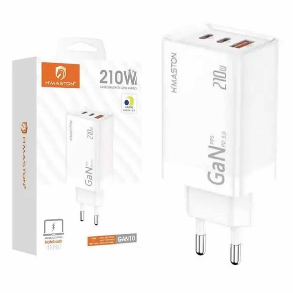 Fonte Carregador Notebook e Celular 3 entradas Turbo 210w Tipo C e USB Hmaston GAN10 Super Rápido USB C PD Smartphone em Oferta na Shopee