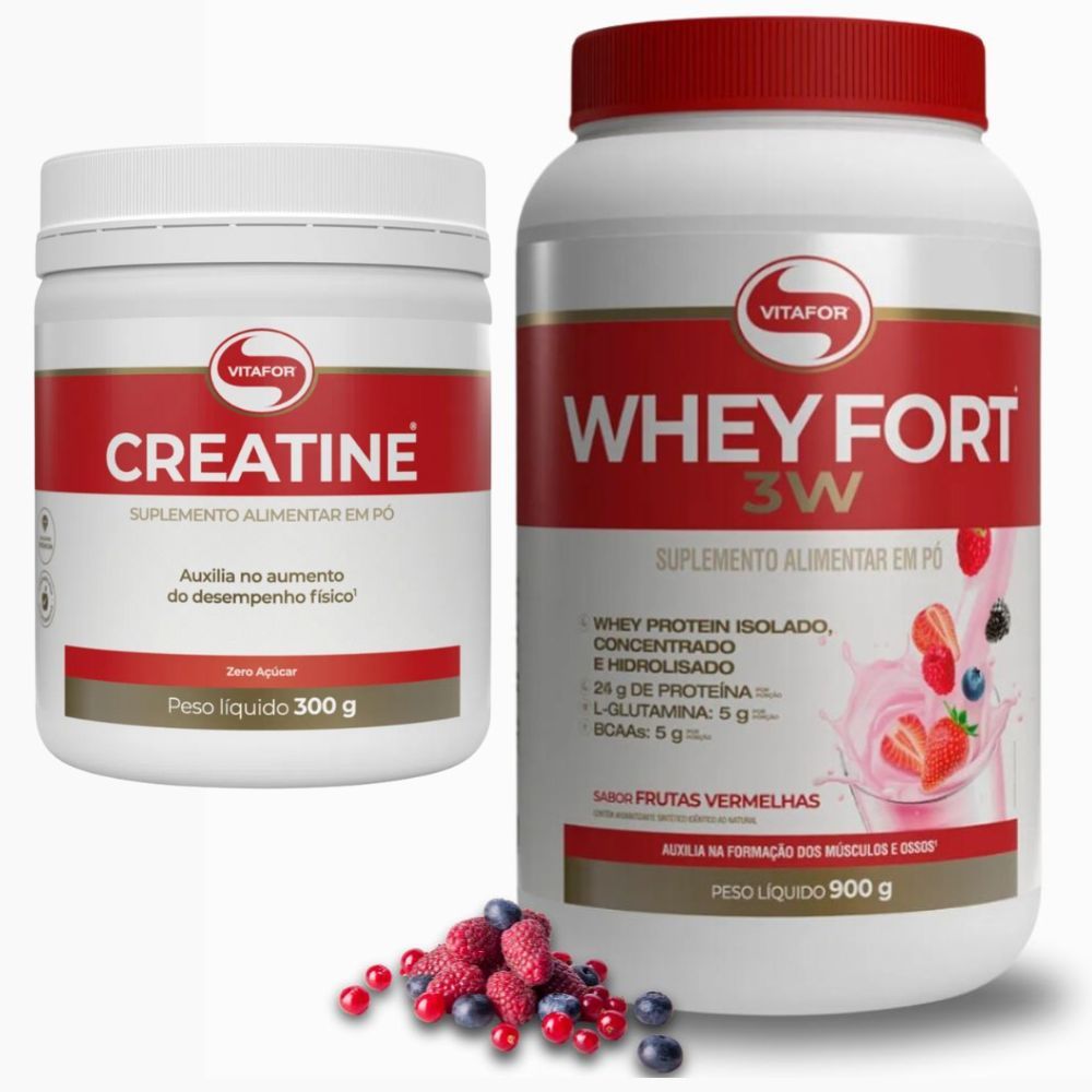 Kit Whey Fort 3W 900g Frutas Vermelhas Creatina Vitafor 300g