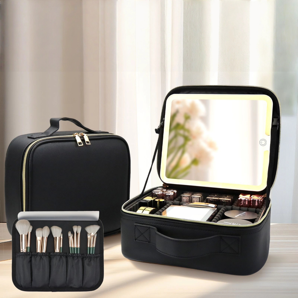 Maleta Maquiagem LED Espelho Viagem Grande Capacidade Divisórias Premium