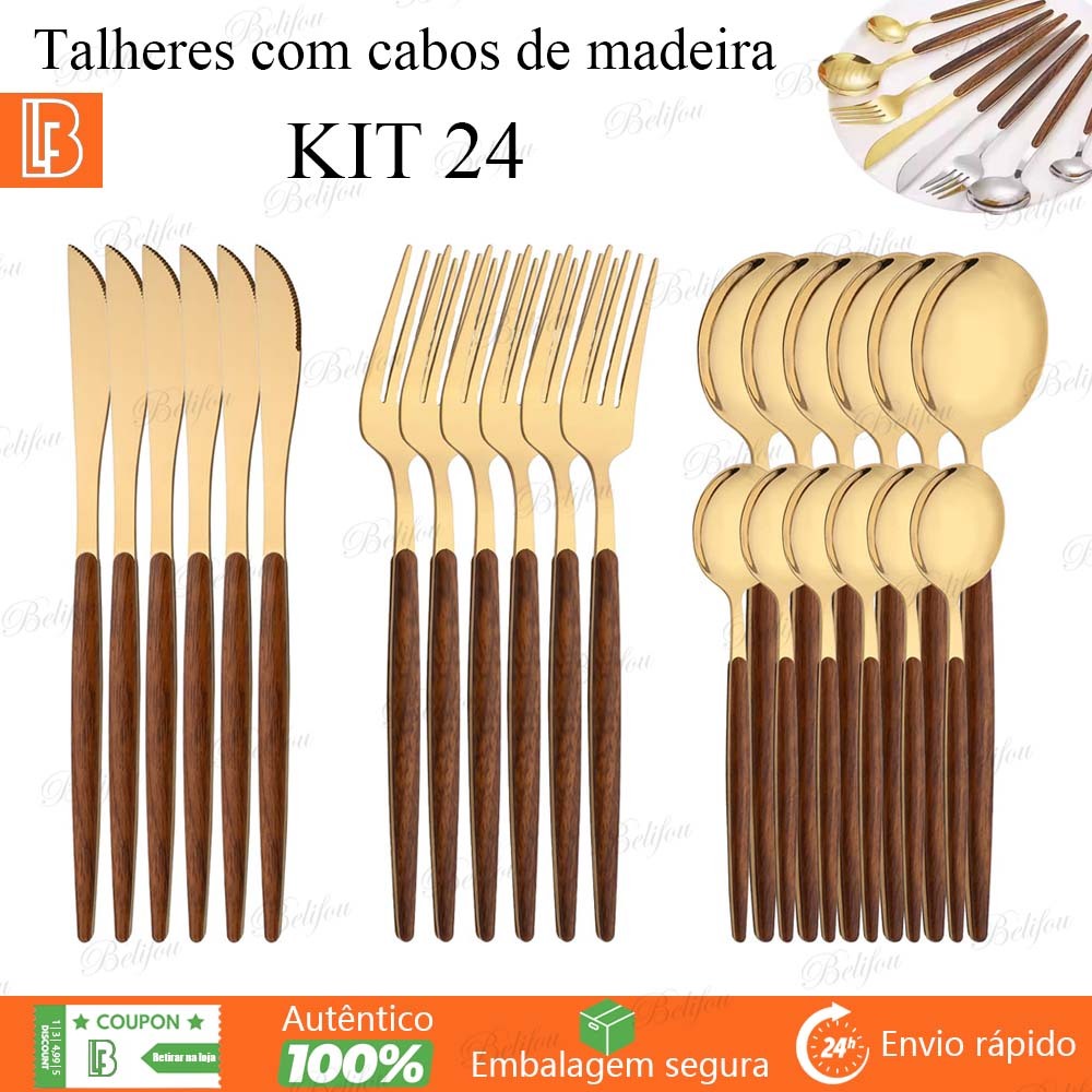 Kit 24 Peças Aço Inoxidável 430 Jogo De Talheres Ouro Negro Alças De Madeira