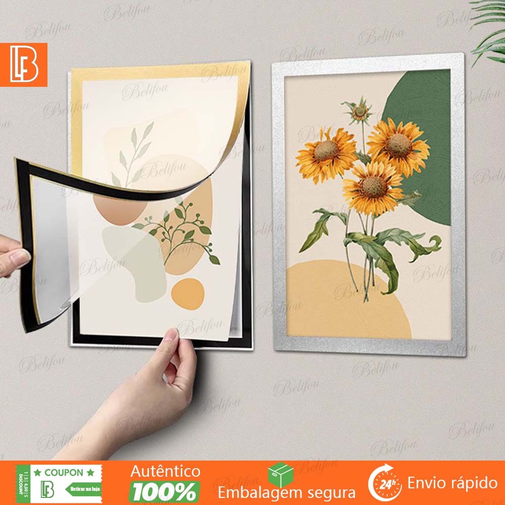 Conjunto 5 Molduras Magnéticas Portáteis A3/A4 Preto/Prata Para Parede e Metal em Oferta na Shopee