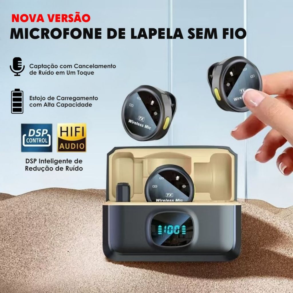 Microfone De Lapela Sem Fio Para iPhone/Android Type-C/ Cancelamento De Ruído P/ Gravação de vídeo