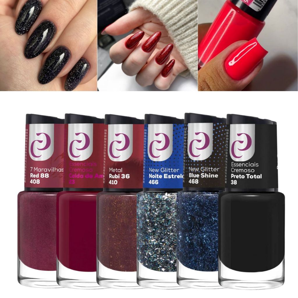 Kit 6 Esmaltes Cora Nova Coleção Glitter Vermelho Escuro Classicos Cremoso Mais Vendidos 10mL cada