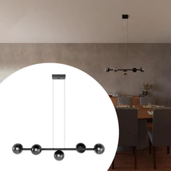 Lustre para sala luminaria Teto Jabuticaba alumínio com 5 Globos Vidros 10cm Fume Âmbar Transparente