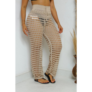 Saida de praia calça feminina tricô com elastano no cós em Oferta na Shopee