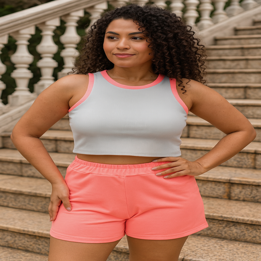 Conjunto Fabi – Leve, Cropped em ribana Shorts cintura alta é a cara da primavera/verão chegou com tudo!