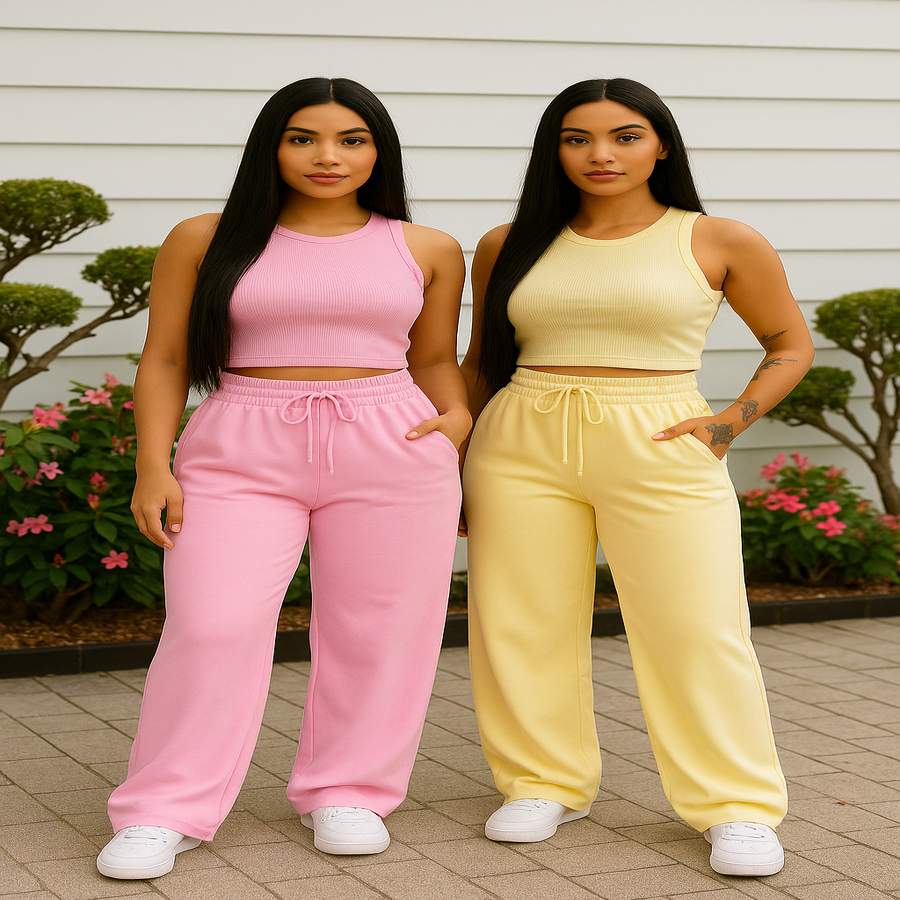 Conjunto Feminino Cristal Ribana Cropped Regata + Calça Pantalona Moletinho Gringa Fashion