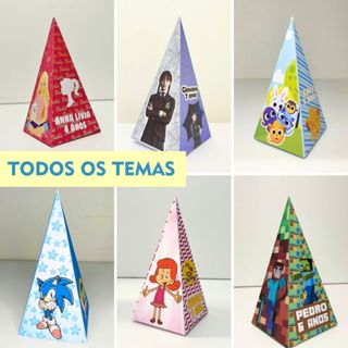 Caixinhas Pirâmide/Cone Todos os temas personalizado (NOME e IDADE) - Papel Brilhoso em Oferta na Shopee