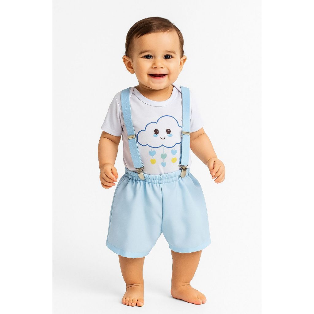 Roupa De Bebê Menino Fantasia Nuvem Chuva De Amor Conjunto Infantil 3 Peças Camiseta, Short e Suspensório - 1 ano