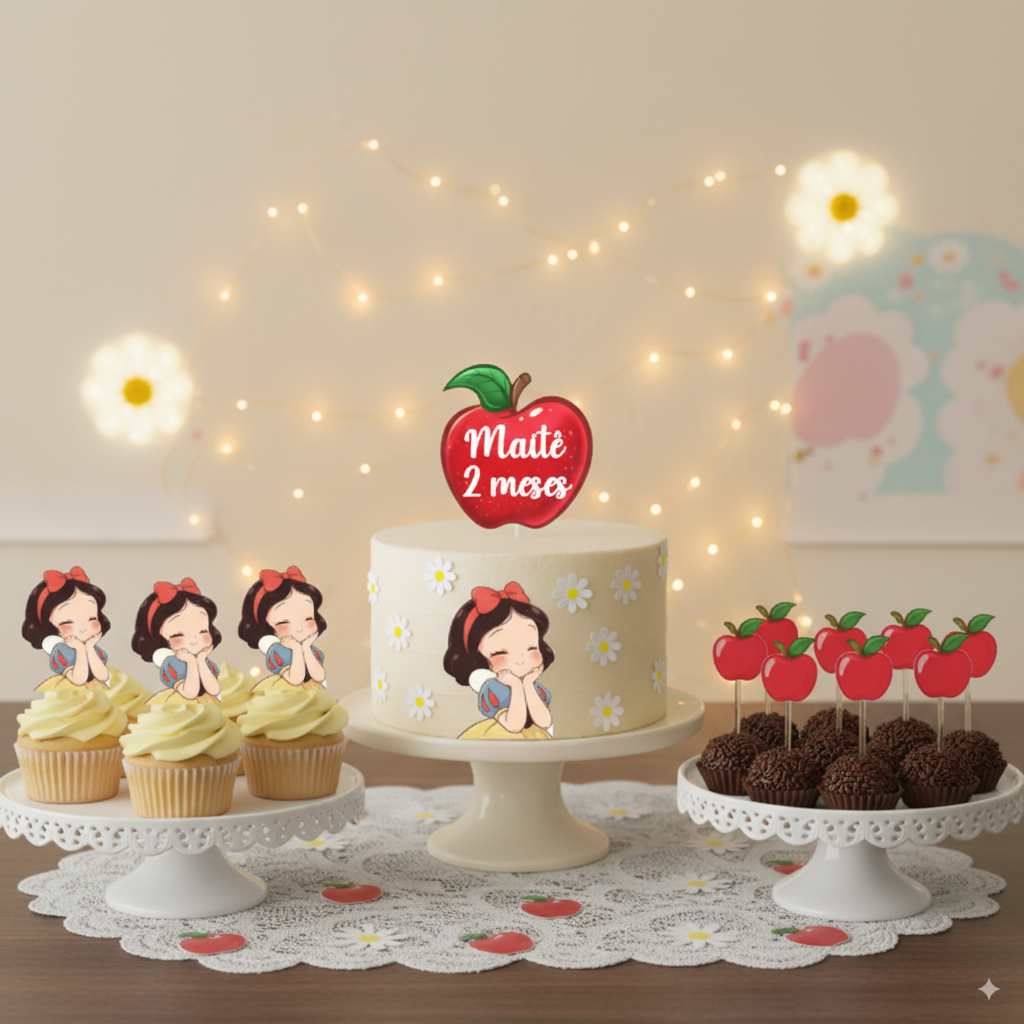 Kit festa Branca de Neve  - topo de bolo personalizado com nome e idade - topper docinho - topper cupcake